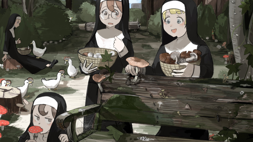 4girls, :d, ant, basket, beetle, bench, bird, biting