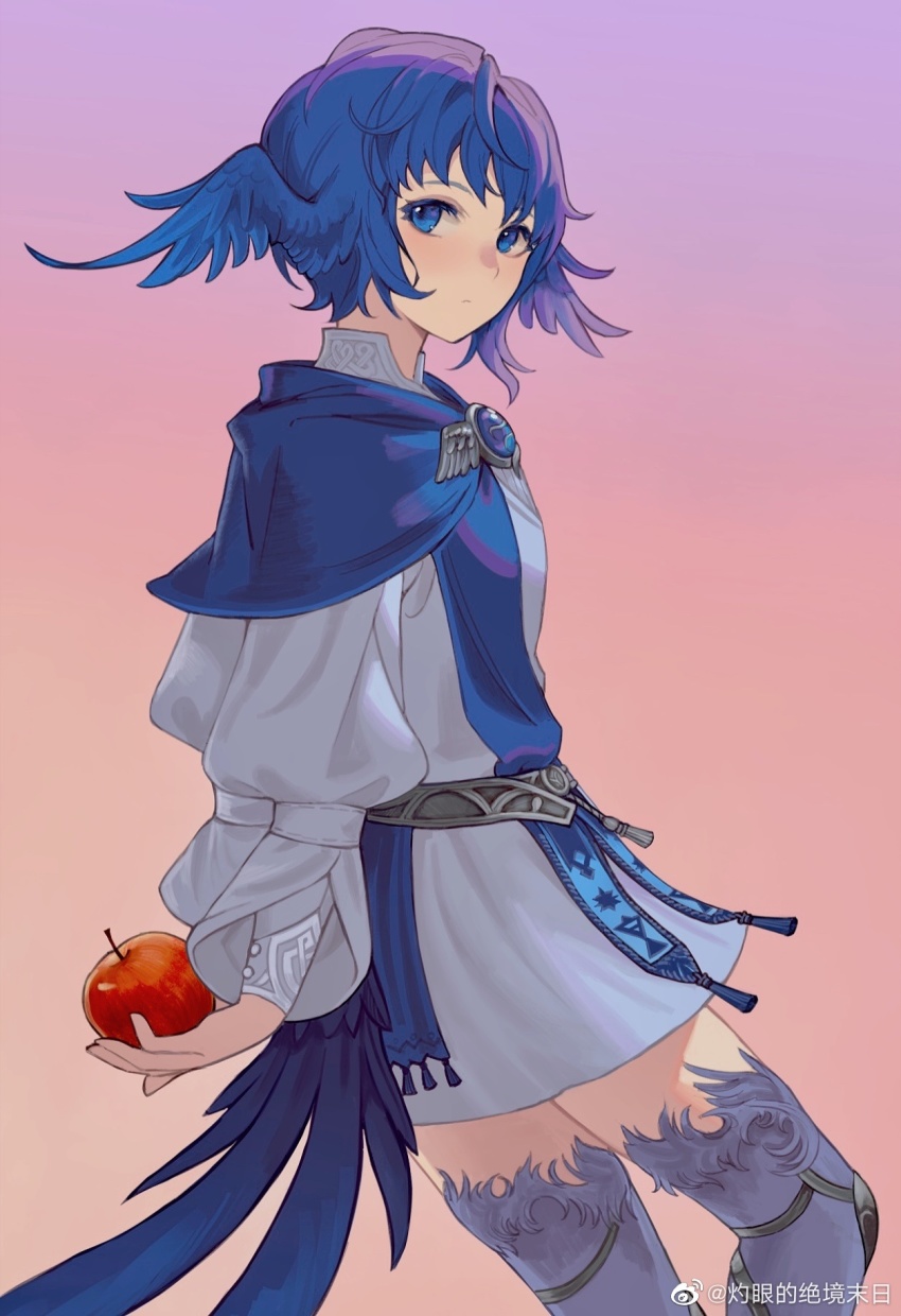 1girl, apple, arms_behind_back, bird_girl, bird_legs, bird_tail, bird_wings, blue_capelet