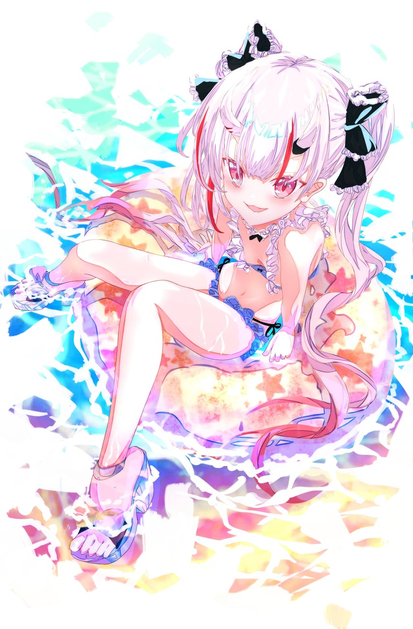 1girl, absurdres, bikini, feet, feet_in_water, highres, hololive, horns