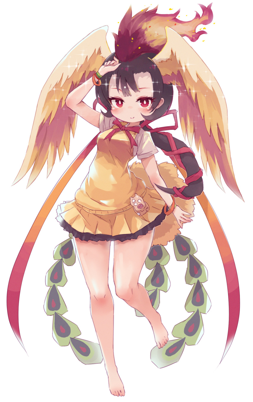 bare_legs, barefoot, bird_girl, bird_tail, bird_wings, black_hair, blush, bow, bowtie, commentary_request, fiery_hair, frilled_skirt, frills, hair_ribbon, hi_no_tori_(kemono_friends), highres, kemono_friends, kolshica, long_hair, looking_at_viewer, multicolored_hair, pleated_skirt, ponytail, red_bow, red_bowtie, red_eyes, red_hair, red_ribbon, ribbon, shirt, short_sleeves, skirt, t-shirt, tail, vest, white_shirt, wings, yellow_skirt, yellow_vest