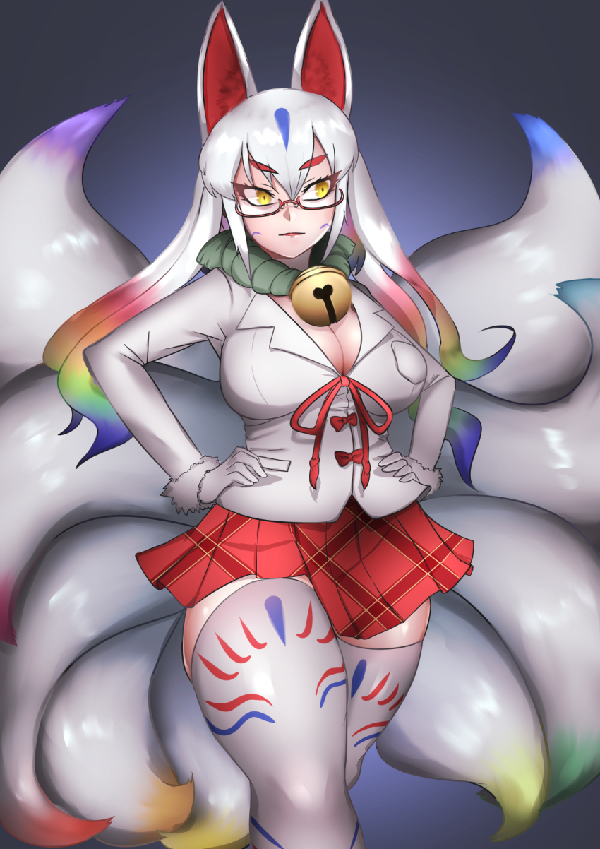 1girl, animal_ear_fluff, animal_ears, bell, breasts, cleavage, dress_shirt, fox_ears