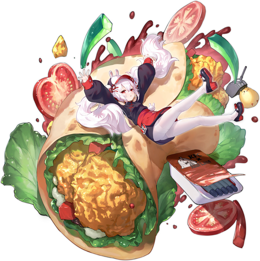 >_<, 1girl, ass, azur_lane, black_shoes, black_sweater, chicken_(food), food, highres, kaede_(yumesaki_kaede), ketchup, kfc, laffey_(azur_lane), laffey_(sleepy_teriyaki_twister)_(azur_lane), laffey_(teriyaki_twister)_(azur_lane), lettuce, light_purple_hair, long_hair, long_sleeves, looking_at_viewer, lying, manjuu_(azur_lane), official_alternate_costume, official_art, on_back, pantyhose, puffy_sleeves, red_eyes, sauce, shoes, solo, sweater, thighband_pantyhose, tomato, torpedo, transparent_background, twintails, very_long_hair, white_pantyhose