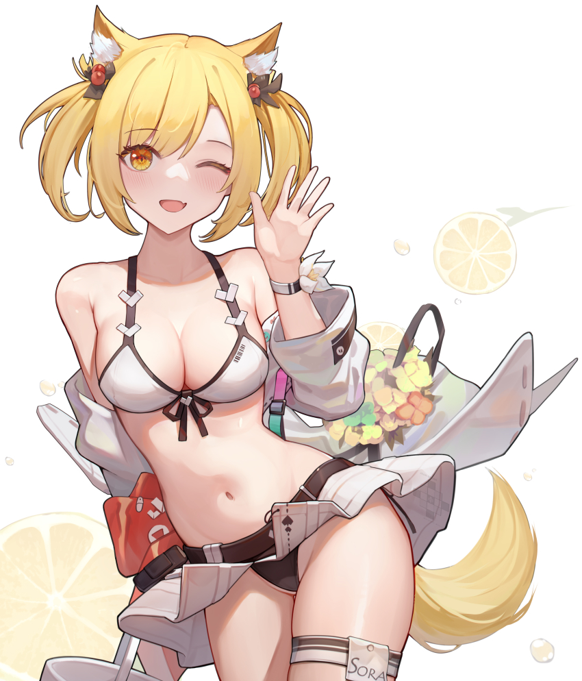 1girl, ;d, absurdres, animal_ear_fluff, animal_ears, arknights, bare_shoulders, bikini