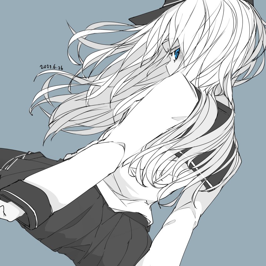 1girl, absurdres, blue_background, blue_eyes, commentary, dated, from_behind, greyscale