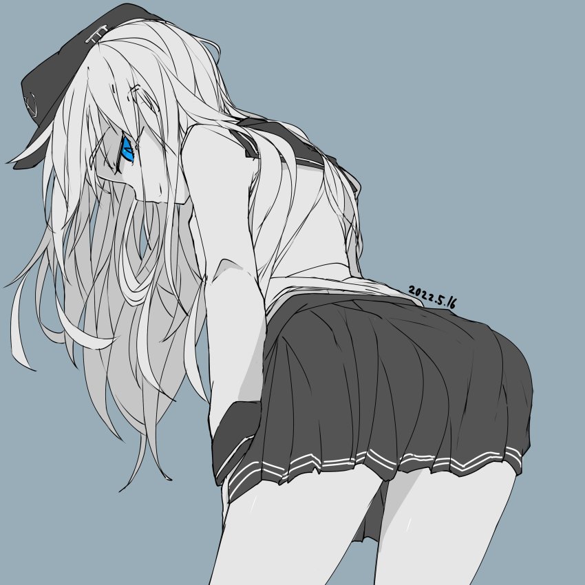 1girl, absurdres, anchor_symbol, ass, blue_background, blue_eyes, dated, flat_cap
