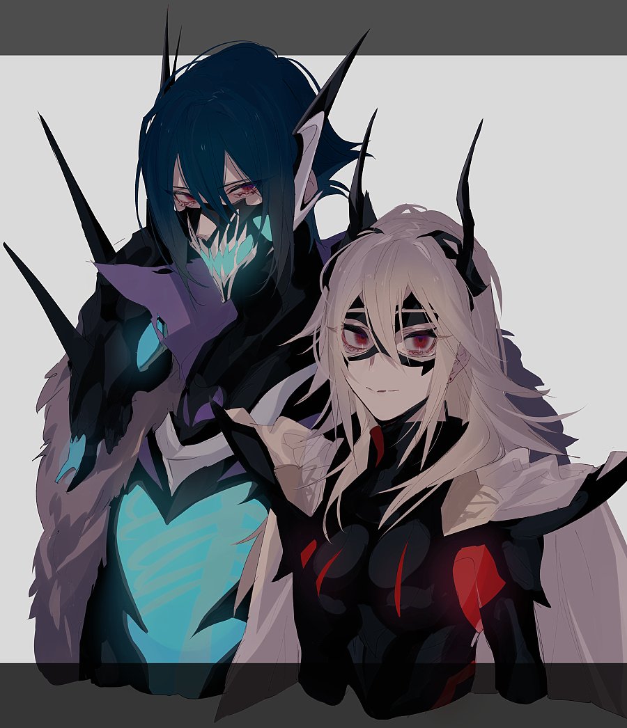1boy, 1girl, armor, bad_id, bad_twitter_id, black_armor, black_mask, blue_hair