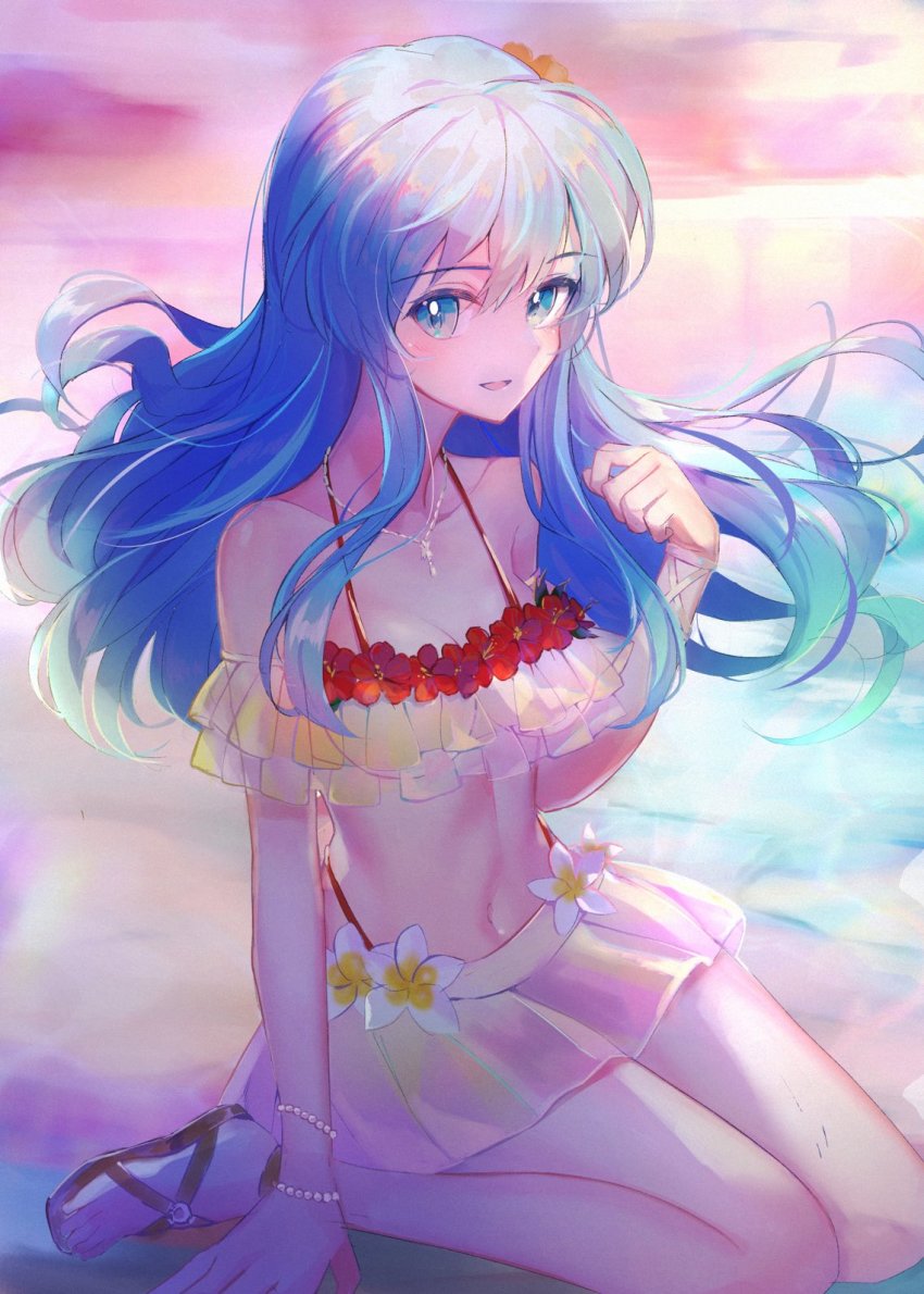 1girl, aqua_eyes, aqua_hair, bare_shoulders, beach, bikini, bracelet, collarbone