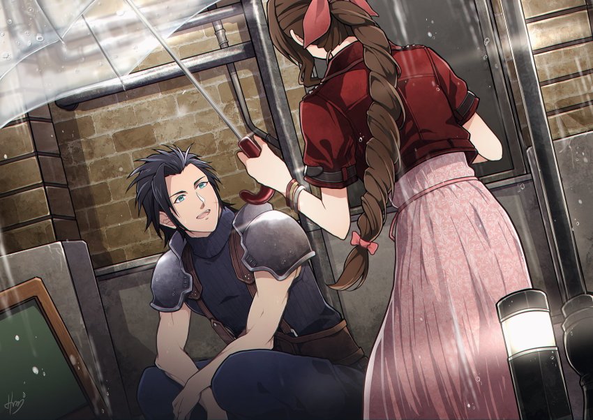 1boy, 1girl, aerith_gainsborough, armor, black_hair, blue_eyes, bracelet, braid, braided_ponytail, brown_hair, commentary_request, couple, dress, facial_scar, final_fantasy, final_fantasy_vii, final_fantasy_vii_remake, hair_ribbon, hato_(hato1616), highres, holding, holding_umbrella, jacket, jewelry, long_hair, looking_at_another, low-tied_long_hair, open_mouth, outdoors, pink_dress, pink_ribbon, rain, red_jacket, ribbon, scar, scar_on_cheek, scar_on_face, shoulder_armor, spiked_hair, squatting, sweater, turtleneck, turtleneck_sweater, umbrella, zack_fair