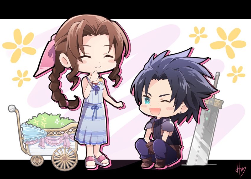 1boy, 1girl, aerith_gainsborough, armor, bare_shoulders, black_hair, blue_eyes, blush