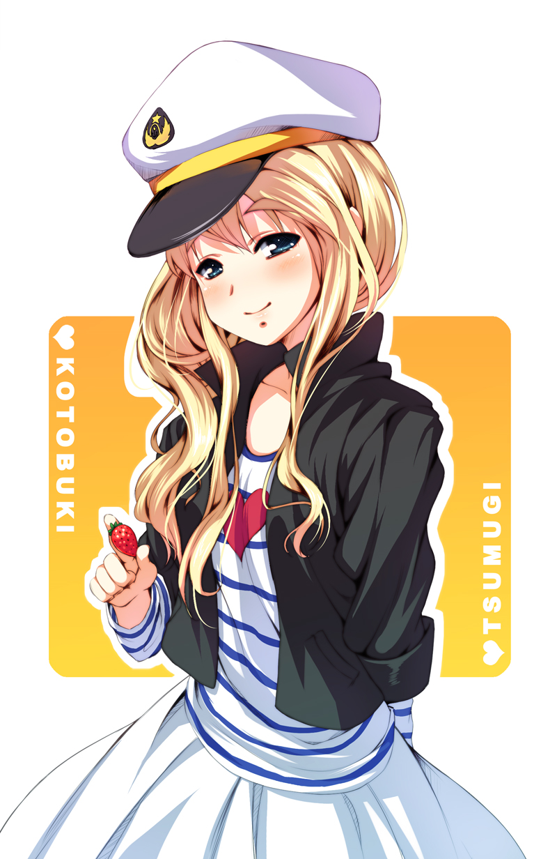 1girl, blonde_hair, eyebrows, female_focus, food, fruit, hat, heart