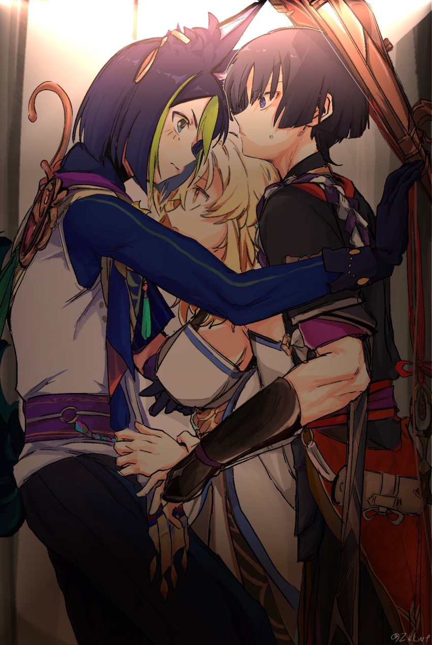 1girl, 2boys, animal_ear_fluff, animal_ears, armor, bare_shoulders, bisexual_male, black_choker, black_hair, blonde_hair, blunt_ends, boy_sandwich, breasts, choker, dress, earrings, elbow_gloves, eyeshadow, fingerless_gloves, fox_boy, fox_ears, fox_tail, from_side, genshin_impact, ginoko, gloves, green_eyes, green_hair, hand_on_wall, hat, highres, holding_another's_wrist, japanese_armor, japanese_clothes, jewelry, jingasa, kote, kurokote, looking_at_another, lumine_(genshin_impact), makeup, medium_breasts, multicolored_hair, multiple_boys, orange_eyes, purple_eyes, red_eyeshadow, sandwiched, scaramouche_(genshin_impact), short_hair, short_hair_with_long_locks, short_sleeves, sideboob, sidelocks, single_earring, sleeveless, sleeveless_dress, streaked_hair, sweatdrop, tail, tighnari_(genshin_impact), toned, toned_male, veil, white_dress, white_gloves