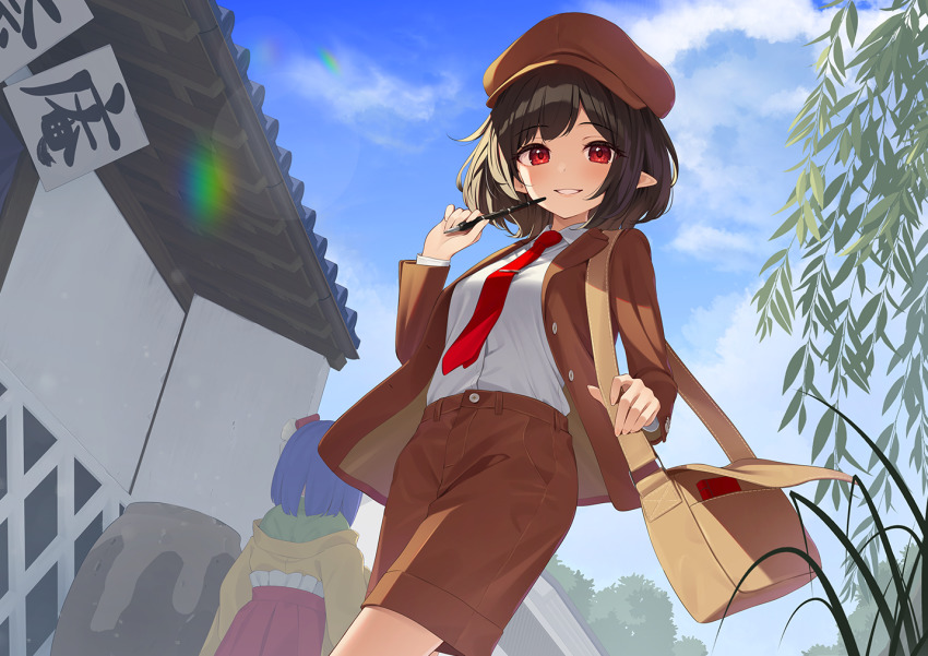 2girls, bag, black_hair, blush, brown_headwear, brown_jacket, brown_shorts, buttons