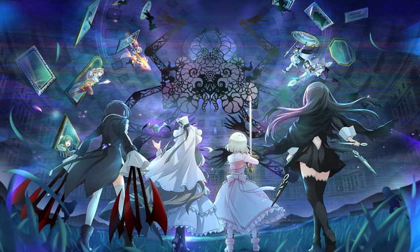 6+girls, amano_suzune, armor, back_bow, back_cutout, black_cape, black_coat, black_footwear