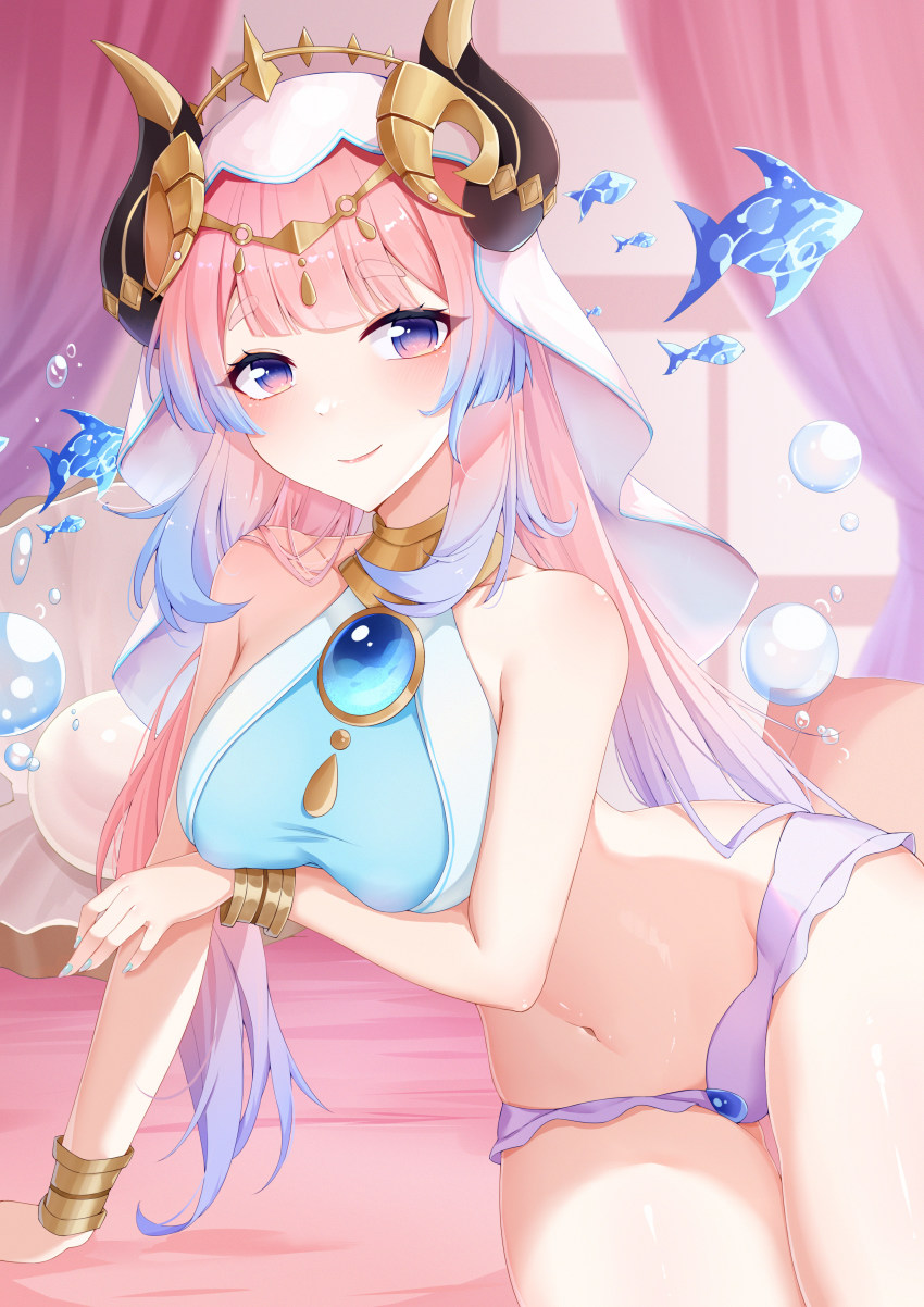 1girl, absurdres, arm_support, blue_gem, blue_nails, blush, bracelet, breasts