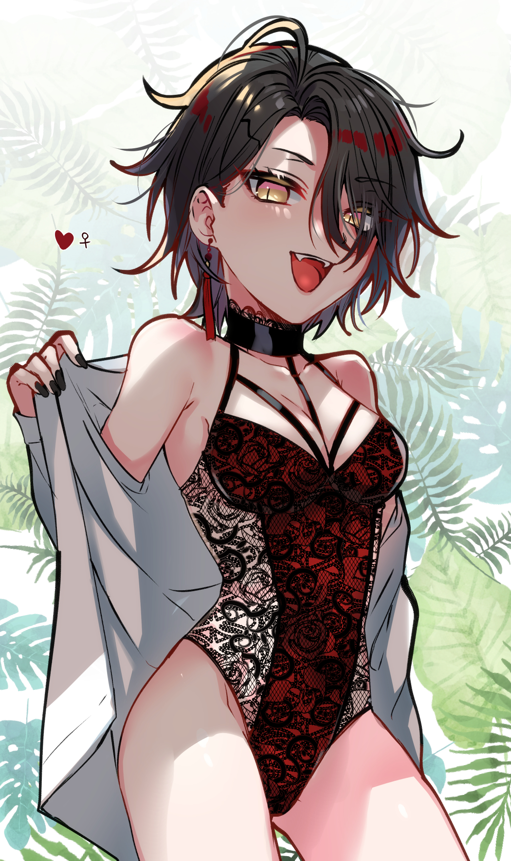 1girl, black_hair, breasts, earrings, fangs, genderswap, genderswap_(mtf), highres, jewelry, kokuchuutei, large_breasts, lingerie, male_focus, multicolored_hair, nijisanji, nijisanji_en, open_mouth, red_hair, smile, swimsuit, teddy_(lingerie), underwear, virtual_youtuber, vox_akuma, yellow_eyes