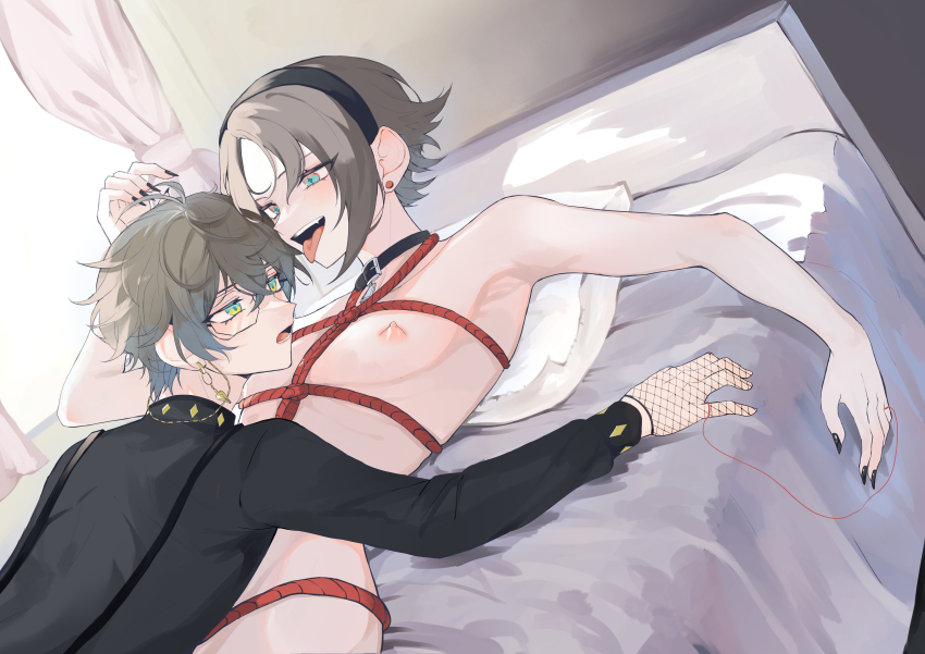 2boys, absurdres, aqua_eyes, bed, black_nails, black_shirt, blue_hair, brown_hair, collar, earrings, glasses, grey_hair, highres, ike_eveland, ike_eveland_(1st_costume), jewelry, long_sleeves, mako_(tt4zr), male_focus, multicolored_hair, multiple_boys, mysta_rias, nail_polish, nijisanji, nijisanji_en, nipples, nude, open_mouth, shirt, short_hair, virtual_youtuber, yaoi