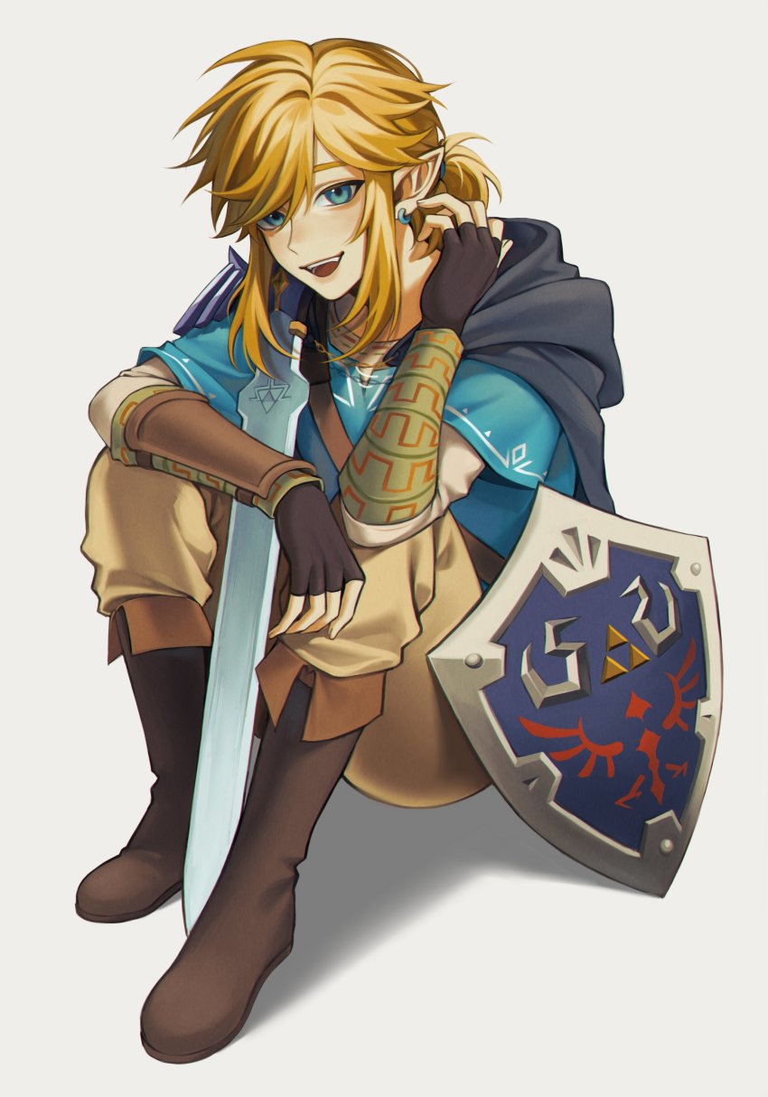 1boy, absurdres, black_gloves, blonde_hair, blue_eyes, blue_tunic, brown_footwear, brown_pants