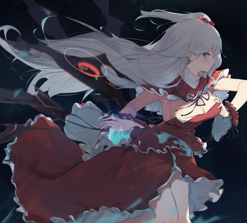 1girl, absurdres, blue_eyes, blush, breasts, capelet, cleavage, closed_mouth