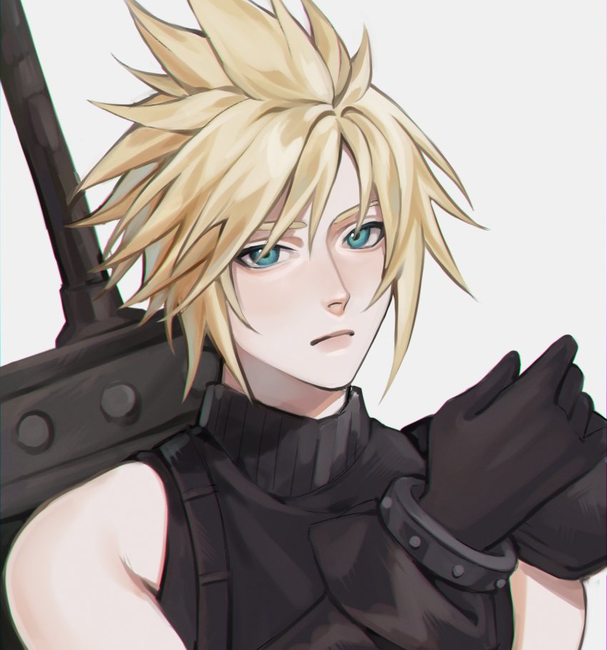 1boy, absurdres, aqua_eyes, armor, black_gloves, black_shirt, blonde_hair, buster_sword