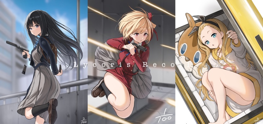 3girls, absurdres, aqua_eyes, arm_behind_back, backpack, bad_id, bad_twitter_id, bag