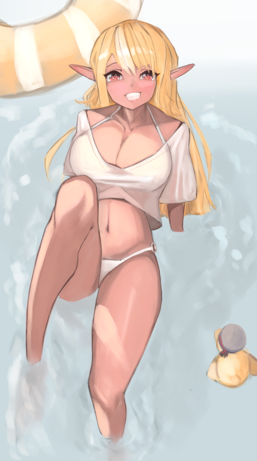 1girl, absurdres, bikini, bikini_bottom_only, bird, blonde_hair, breasts, cleavage