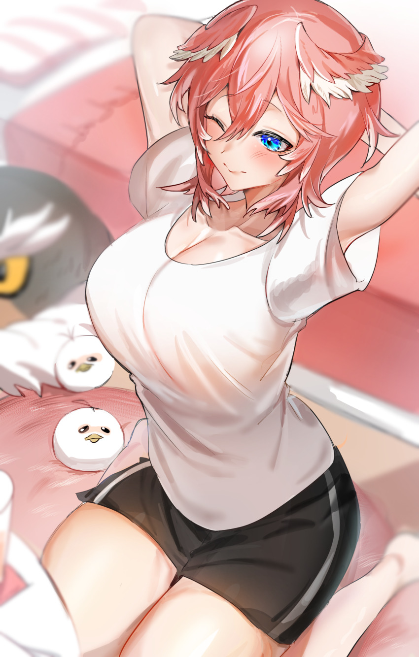 1girl, a0z0_aozo, arms_up, barefoot, bed, black_shorts, blue_eyes, blurry