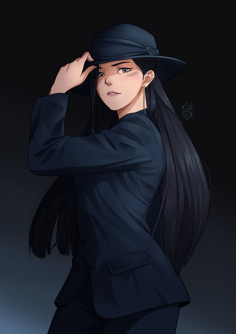 1girl, animification, black_background, black_eyes, black_hat, black_jacket, black_pants, black_theme