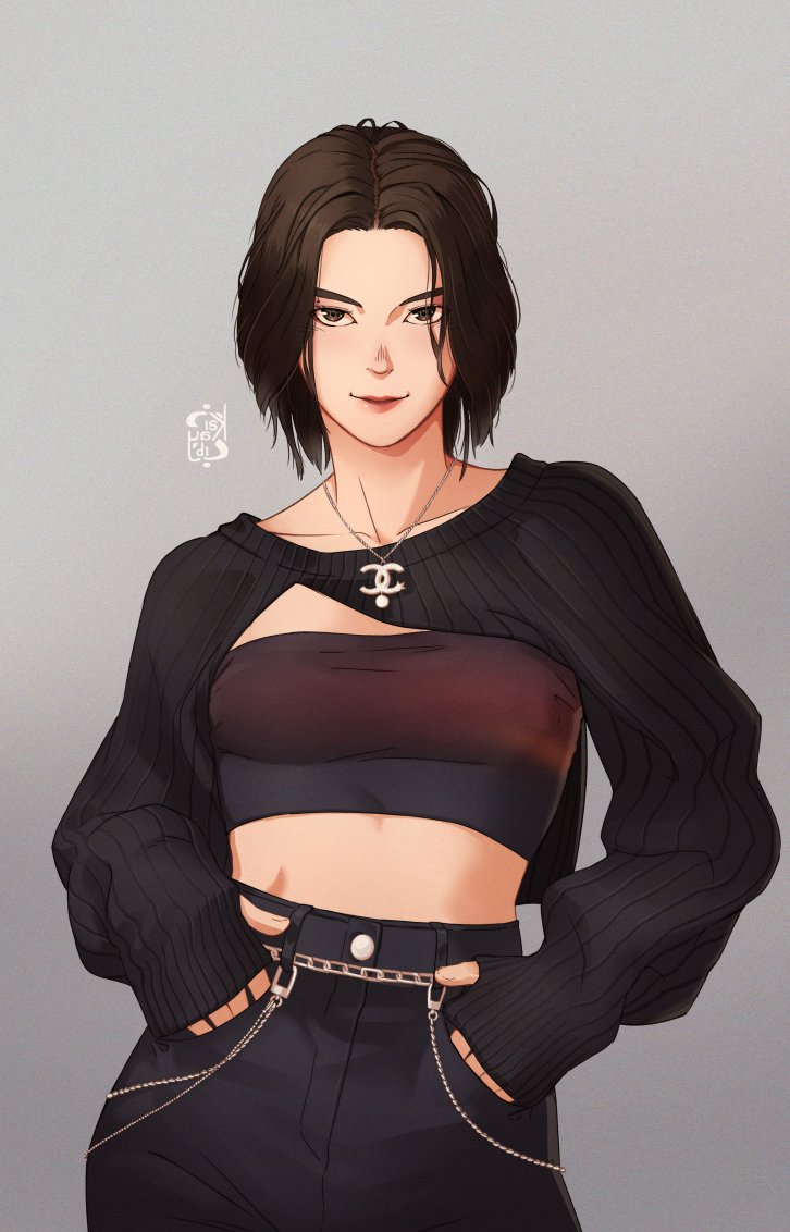 1girl, animification, artist_name, black_pants, black_tube_top, breasts, brown_eyes, brown_hair, chanel, collarbone, commentary, english_commentary, hands_in_pocket, iskaydi, jewelry, k-pop, looking_at_viewer, mamamoo, medium_breasts, mole, mole_above_eye, necklace, pants, parted_hair, parted_lips, real_life, short_hair, shrug_(clothing), smile, solar_(mamamoo), solo, strapless, tube_top