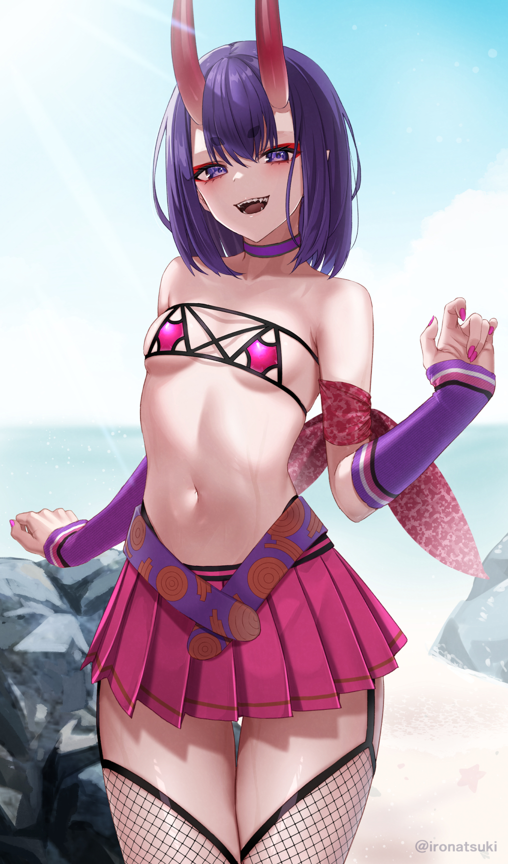 1girl, bare_shoulders, belt, bikini, blush, bob_cut, breasts, choker, collarbone, cosplay, detached_sleeves, eyeliner, fate/grand_order, fate_(series), fishnet_thighhighs, fishnets, highres, horns, ibuki_douji_(fate)_(cosplay), ibuki_douji_(swimsuit_berserker)_(fate)_(cosplay), ibuki_douji_(swimsuit_berserker)_(second_ascension)_(fate), ironatsuki, looking_at_viewer, makeup, miniskirt, navel, oni, open_mouth, pink_bikini, pink_skirt, pleated_skirt, purple_eyes, purple_hair, short_hair, shuten_douji_(fate), skin-covered_horns, skirt, small_breasts, smile, solo, swimsuit, thighhighs, thighs