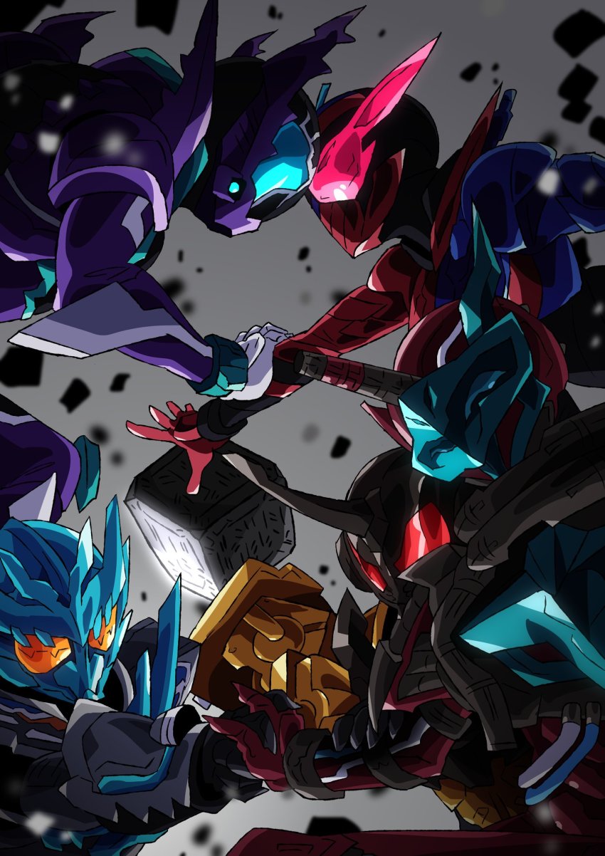 5boys, alien, animal_ears, aqua_eyes, arm_blade, armor, asymmetrical_armor, asymmetrical_horns, belt, black_bodysuit, black_gloves, blood_stalk, blue_armor, blue_eyes, blue_fire, blue_gloves, bodysuit, breastplate, build_driver, clash, clenched_hand, cloud, cobra_(animal), commentary, cowboy_shot, crocodile, crocodile_fullbottle, crocodilian, cross-z_charge, dragon, dragon_claw, dragon_sclashjelly, english_commentary, evil_eyes, extra_eyes, fire, fog, fullbottle, glaring, gloves, glowing, glowing_eyes, gold_armor, helmet, heterochromia, highres, horns, kamen_rider, kamen_rider_build, kamen_rider_build_(series), kamen_rider_cross-z, kamen_rider_grease, kamen_rider_rogue, looking_at_viewer, male_focus, military, military_vehicle, motor_vehicle, multiple_boys, open_hand, orange_eyes, otokamu, pandora_box_(kamen_rider_build), pauldrons, rabbit, rabbit+tank_form, rabbit_ears, rabbit_fullbottle, red_armor, red_eyes, red_gloves, reverse_grip, rider_belt, sclash_driver, sclashjelly, sharp_teeth, shoulder_armor, solo, standing, steam, steaming_body, sword, tank, tank_fullbottle, teeth, tokusatsu, upper_body, vest, villain_pose, visor_(armor), weapon, wire, wrench
