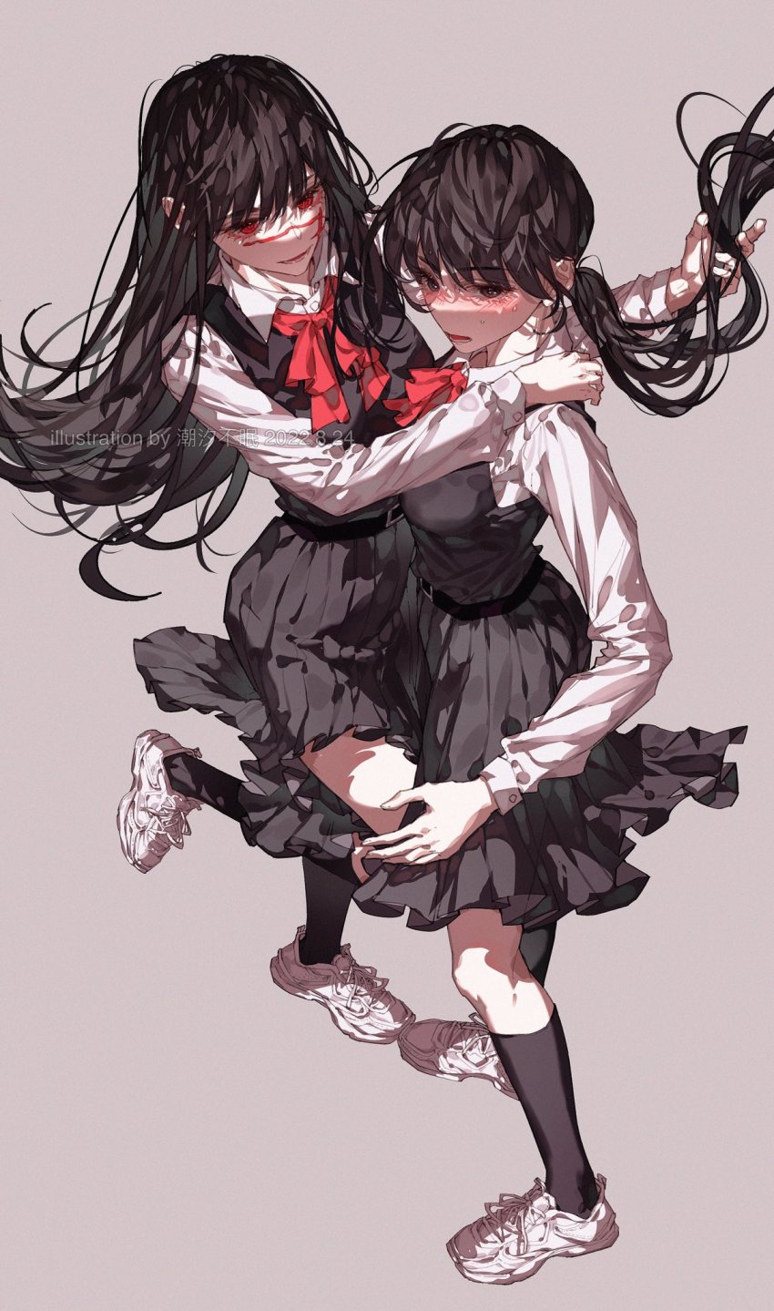 2girls, black_hair, black_socks, chainsaw_man, chaoxibumian, dress, highres, messy_hair, mitaka_asa, multiple_girls, pinafore_dress, school_uniform, sleeveless, sleeveless_dress, socks, yoru_(chainsaw_man)