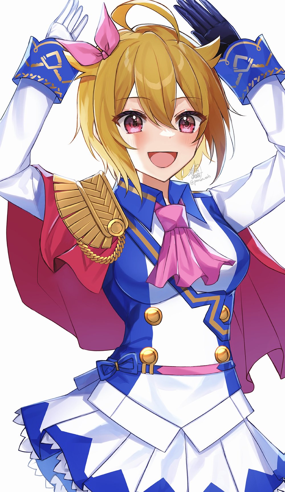 ahoge, asymmetrical_gloves, black_gloves, blonde_hair, blush, breasts, buttons, cape