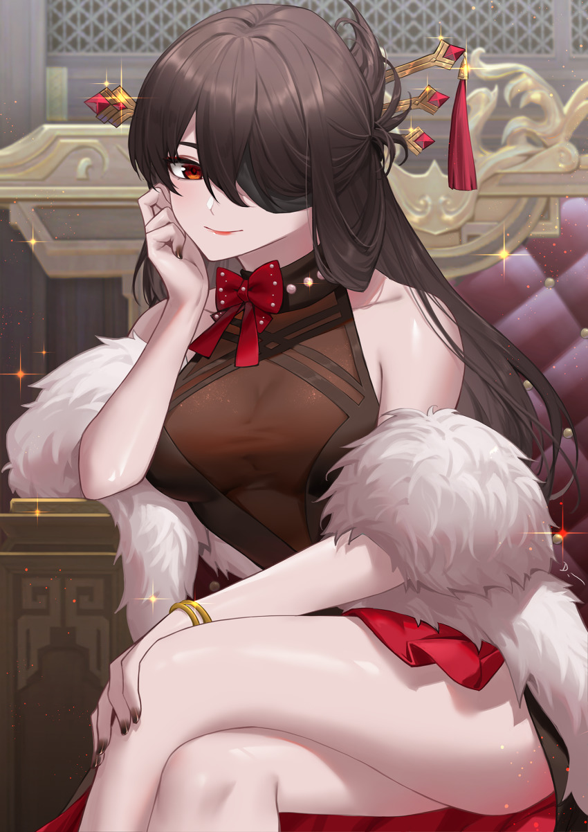1girl, alternate_costume, bare_shoulders, beidou_(cadillac)_(genshin_impact), beidou_(genshin_impact), black_dress, black_hair, black_nails, bow, bowtie, bracelet, breasts, commentary_request, crossed_legs, dress, eyepatch, feather_boa, feet_out_of_frame, genshin_impact, hair_ornament, hair_over_one_eye, hair_stick, highres, indoors, jewelry, large_breasts, linreplica, long_hair, looking_at_viewer, nail_polish, red_bow, red_eyes, red_lips, sitting, sleeveless, sleeveless_dress, smile, solo, thighs, very_long_hair