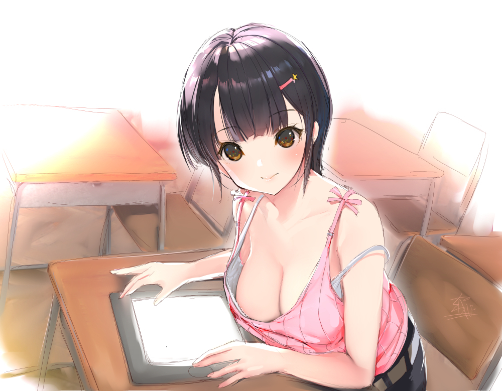 1girl, belt, black_hair, black_skirt, blush, bra, breasts, brown_eyes
