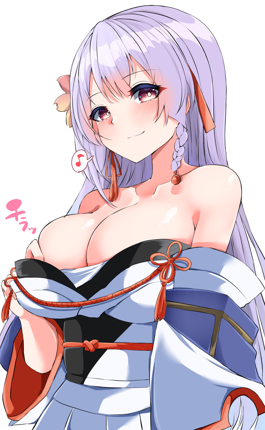 1girl, absurdres, arm_at_side, assault_lily, bare_shoulders, blush, braid, breasts, bright_pupils, cleavage, closed_mouth, collar, detached_sleeves, eighth_note, flower, flower_knot, funada_ui, hair_flower, hair_ornament, hair_ribbon, hand_up, highres, japanese_clothes, kimono, kimono_pull, large_breasts, long_hair, long_sleeves, looking_at_viewer, musical_note, obi, obijime, off_shoulder, pink_eyes, pink_flower, pulling_own_clothes, purple_hair, red_ribbon, ribbon, sash, side_braid, simple_background, single_braid, smile, solo, speech_bubble, spoken_musical_note, standing, tassel, tassel_hair_ornament, upper_body, very_long_hair, white_background, white_kimono, white_pupils, wide_sleeves, ya-man