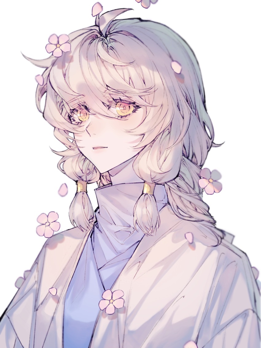 1girl, ahoge, blue_shirt, blurry, collared_shirt, depth_of_field, eyelashes, falling_petals, flower, hair_flower, hair_ornament, hair_tubes, highres, jacket, looking_at_viewer, medium_hair, parted_lips, petals, pink_flower, qigongzi, shirt, simple_background, sky:_children_of_the_light, solo, timid_bookworm, upper_body, white_background, white_hair, white_jacket, yellow_eyes