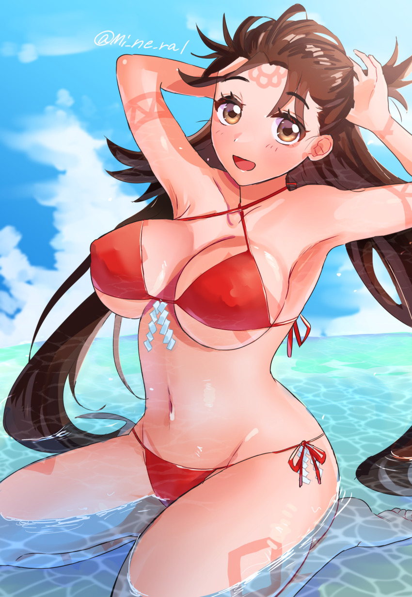 1girl, @mi_ne_ral, arms_up, bikini, body_markings, breasts, brown_eyes, brown_hair