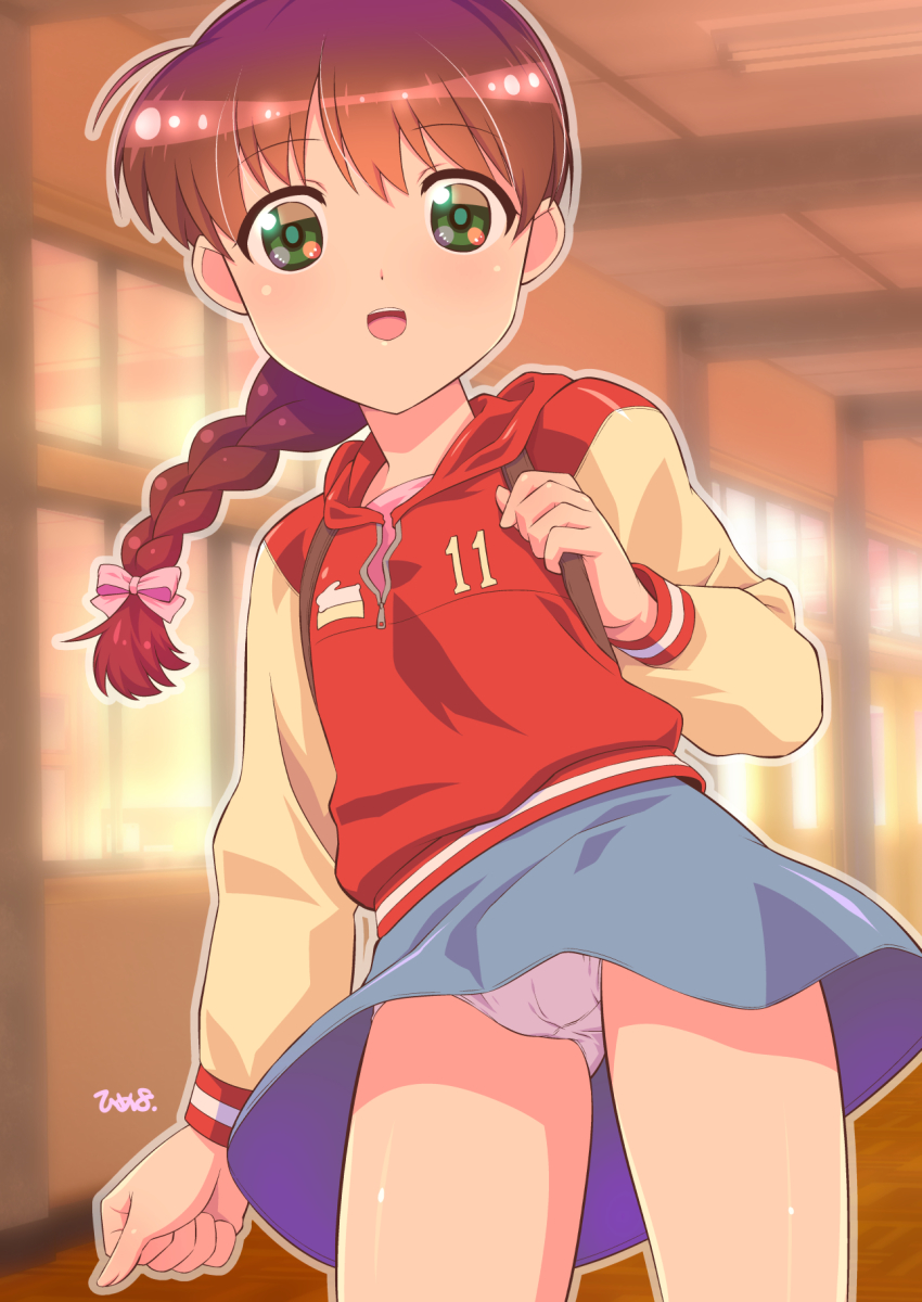 1girl, blue_skirt, braid, brown_hair, female_focus, gakkou_no_kaidan_(anime), gluteal_fold, green_eyes, hallway, highres, himehachi_(hime8manga), hood, hoodie, indoors, loli, long_hair, looking_at_viewer, miniskirt, miyanoshita_satsuki, open_mouth, panties, panties_day, pantyshot, red_shirt, ribbon, shirt, skirt, smile, solo, thighs, underwear, white_panties, wind, wind_lift, window