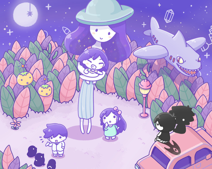 2girls, 4boys, absurdres, aubrey_(headspace)_(omori), aubrey_(omori), bird, blue_headwear, blue_shirt, bow, bug, closed_eyes, colored_skin, crow, facing_viewer, grin, hair_bow, hat, hero_(headspace)_(omori), hero_(omori), highres, kel_(headspace)_(omori), kel_(omori), lamppost, long_hair, looking_at_another, moon, multiple_boys, multiple_girls, omori, omori_(omori), open_mouth, outdoors, pajamas, parted_lips, pink_bow, po_(omori), purple_hair, shark_plane_(omori), sharp_teeth, shirt, short_hair, smile, something_(omori), spider, stranger_(omori), teeth, u.f.o._(omori), wafu_(wafu39080), white_eyes, white_skin