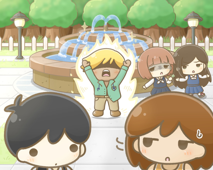 2girls, 3boys, absurdres, black_hair, blonde_hair, blunt_bangs, brown_hair, dark-skinned_male