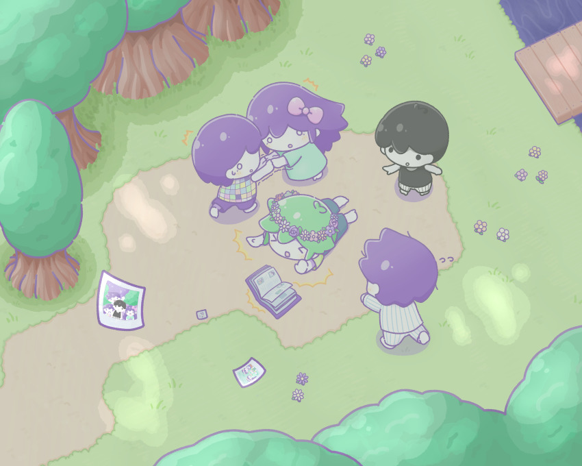 >_<, 1girl, 4boys, :o, absurdres, aubrey_(headspace)_(omori), aubrey_(omori), basil_(headspace)_(omori)