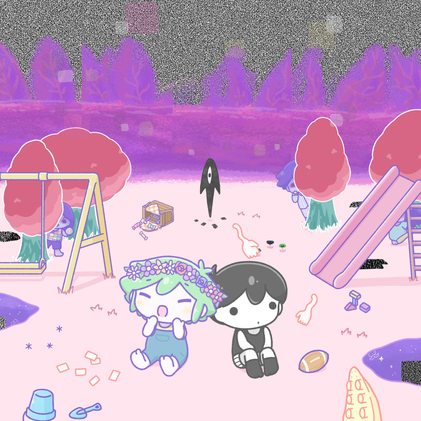 1girl, 4boys, absurdres, aubrey_(headspace)_(omori), aubrey_(omori), ball, baseball, baseball_bat