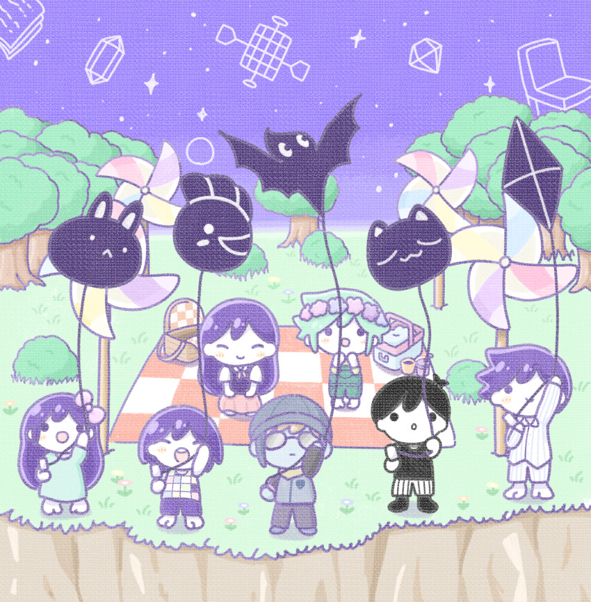 2girls, 5boys, absurdres, aubrey_(headspace)_(omori), aubrey_(omori), barefoot, basil_(headspace)_(omori), basil_(omori)