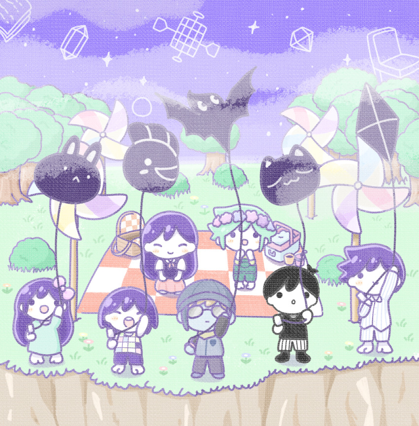 2girls, 5boys, absurdres, aubrey_(headspace)_(omori), aubrey_(omori), barefoot, basil_(headspace)_(omori), basil_(omori)