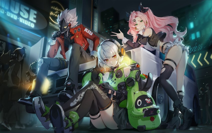 0jae, 1boy, 2girls, absurdres, anby_demara, asymmetrical_legwear, billy_kid, black_panties