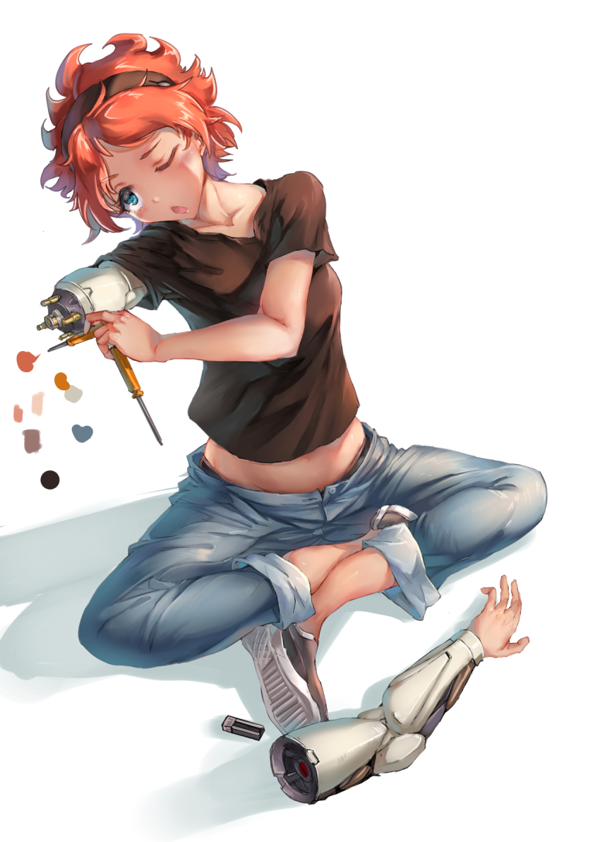 1girl, ;o, blue_eyes, blush, breasts, collarbone, commentary, cyborg