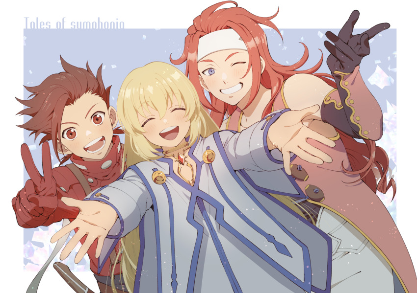 1girl, 2boys, blonde_hair, blue_eyes, blush, brown_eyes, brown_hair, choker