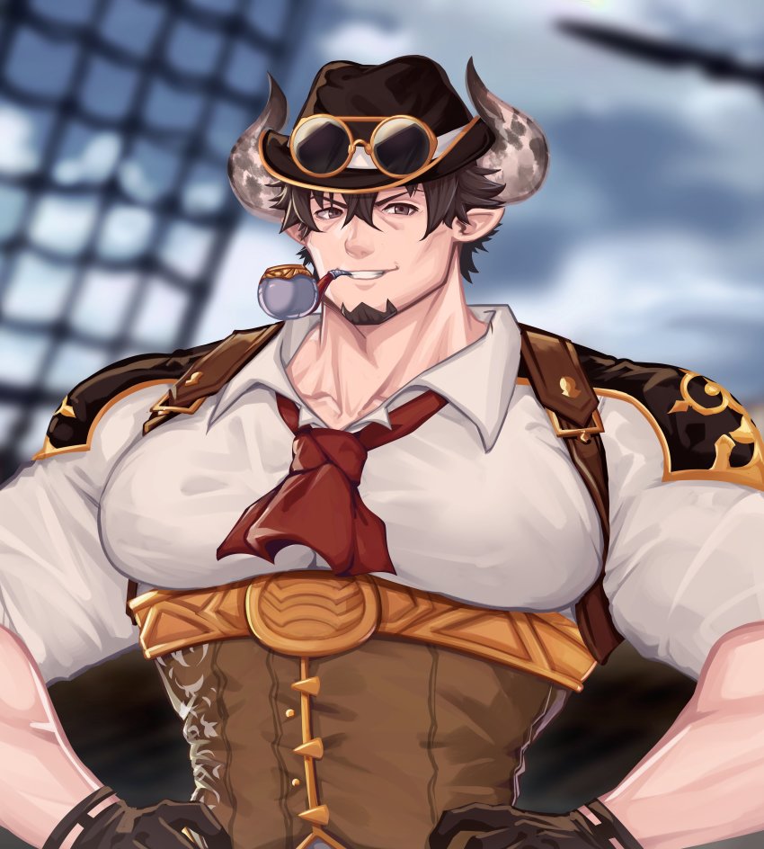 1boy, absurdres, bara, barawa, black_gloves, black_hair, brown_eyes, draph