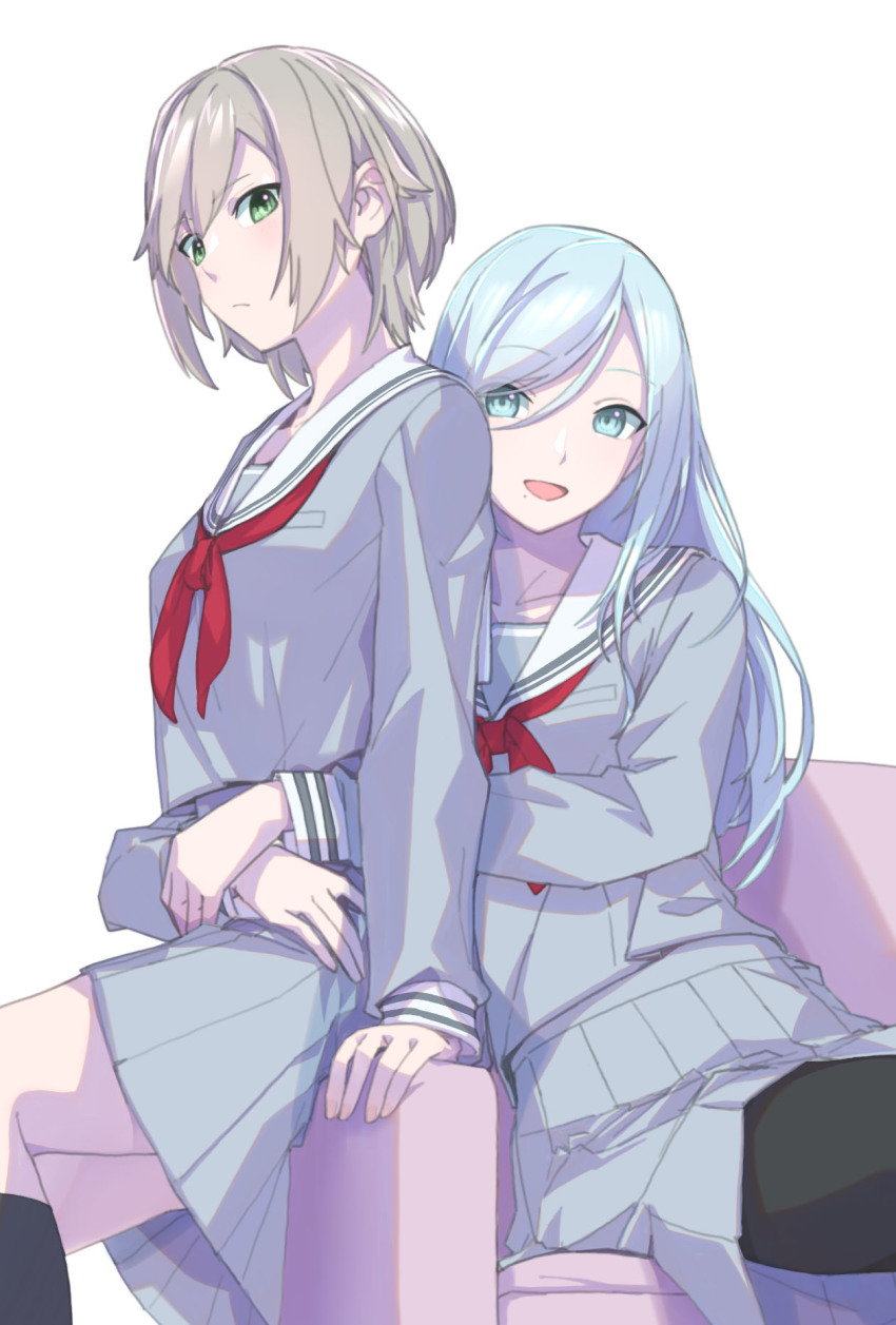 2girls, black_thighhighs, blue_eyes, blue_hair, commentary, couch, green_eyes, grey_hair, grey_serafuku, grey_shirt, highres, hinomori_shiho, hinomori_shizuku, hug, hug_from_behind, long_hair, long_sleeves, miyamasuzaka_girls'_academy_school_uniform, multiple_girls, neckerchief, open_mouth, pleated_skirt, project_sekai, red_neckerchief, sailor_collar, school_uniform, serafuku, shirt, short_hair, siblings, sidelocks, simple_background, sisters, sitting, skirt, smile, tatuya3363, thighhighs, white_background, white_sailor_collar