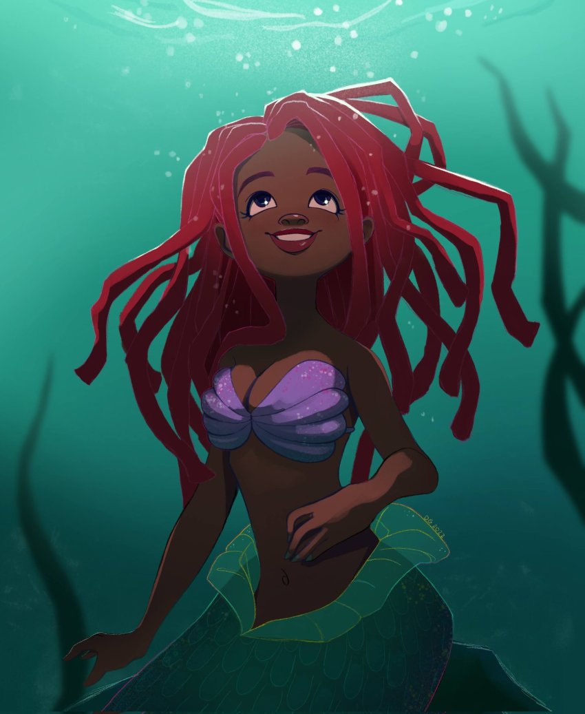 1girl, ariel_(disney), artist_name, bare_shoulders, breasts, cleavage, colored_skin, dark-skinned_female, dark_skin, deanne_go, green_skin, grin, highres, large_breasts, long_hair, looking_up, mermaid, monster_girl, navel, red_hair, sitting, smile, solo, teeth, the_little_mermaid_(2023), underwater
